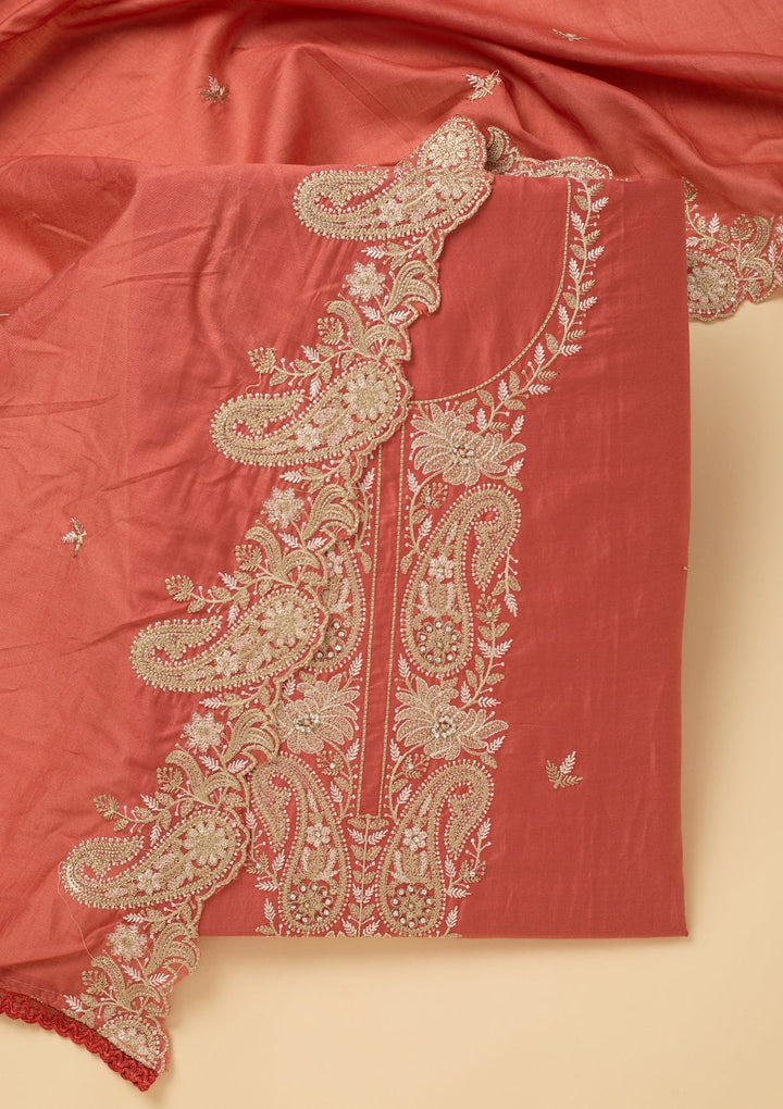 Peach Cotton Threadwork Unstitched Dress Material With Matching Bottom And Dupatta