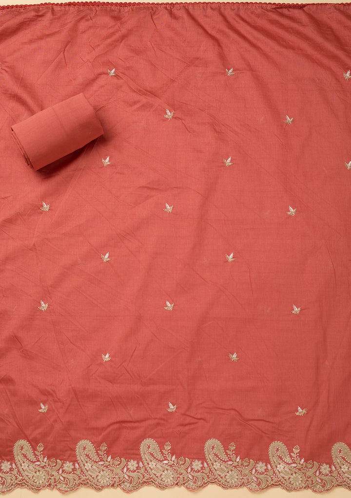 Peach Cotton Threadwork Unstitched Dress Material With Matching Bottom And Dupatta