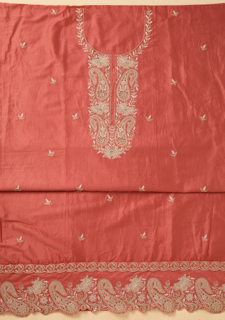 Peach Cotton Threadwork Unstitched Dress Material With Matching Bottom And Dupatta