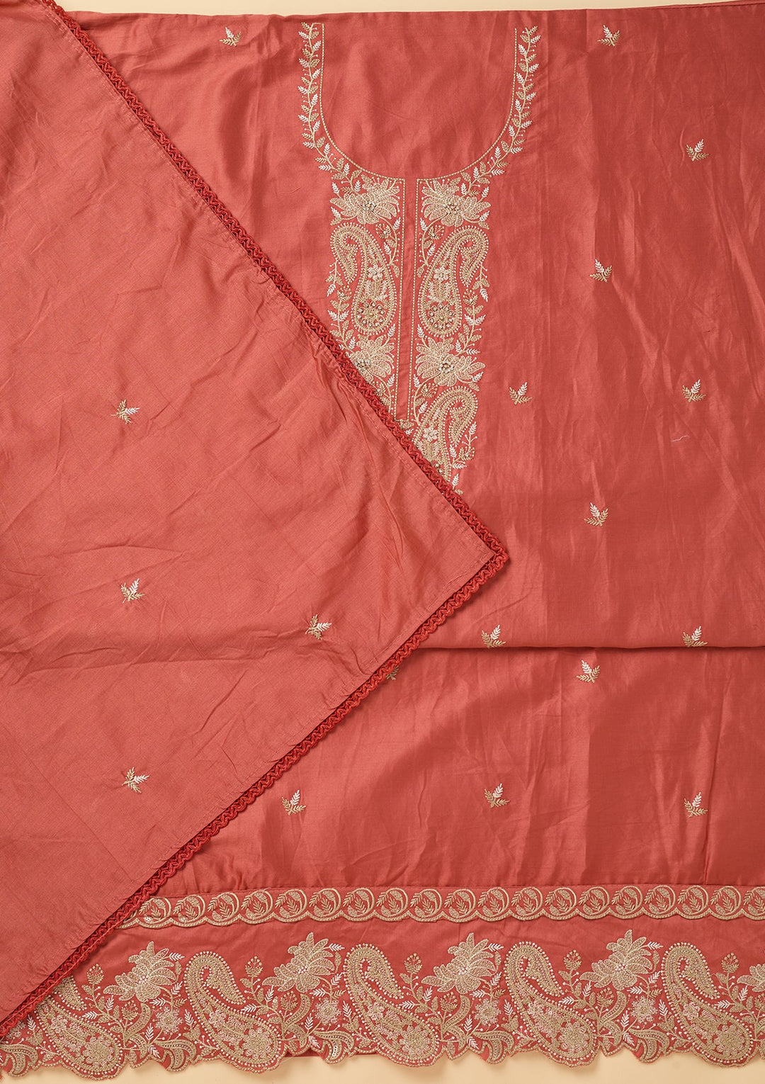Peach Cotton Threadwork Unstitched Dress Material With Matching Bottom And Dupatta