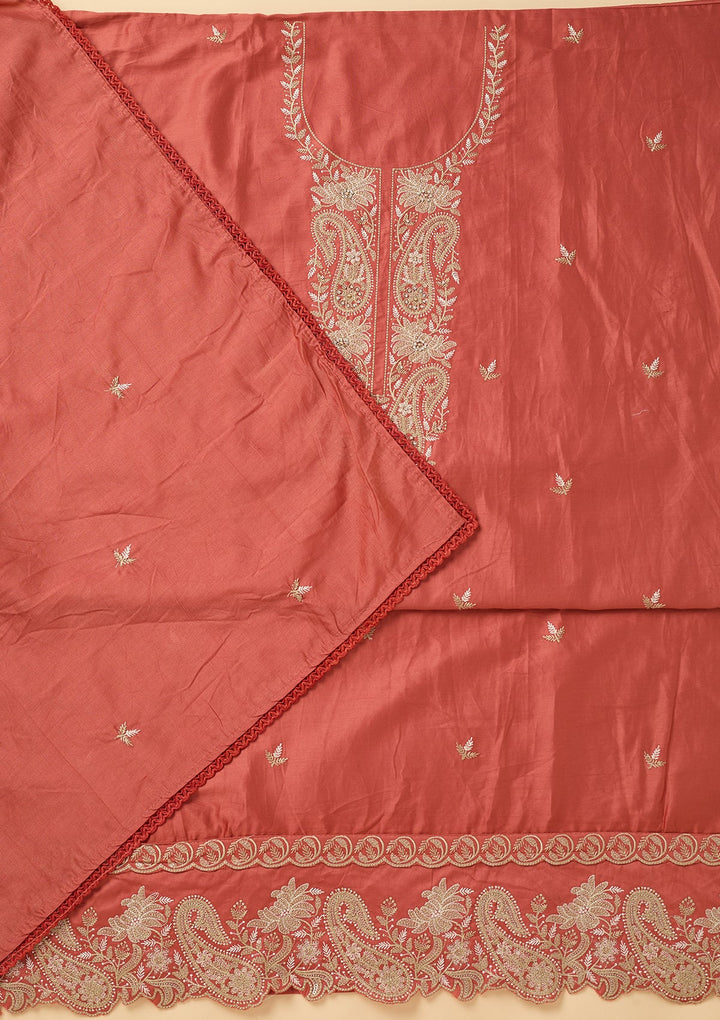 Peach Cotton Threadwork Unstitched Dress Material With Matching Bottom And Dupatta