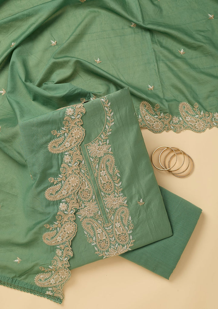 Sea Green Cotton Threadwork Unstitched Dress Material With Matching Bottom And Dupatta