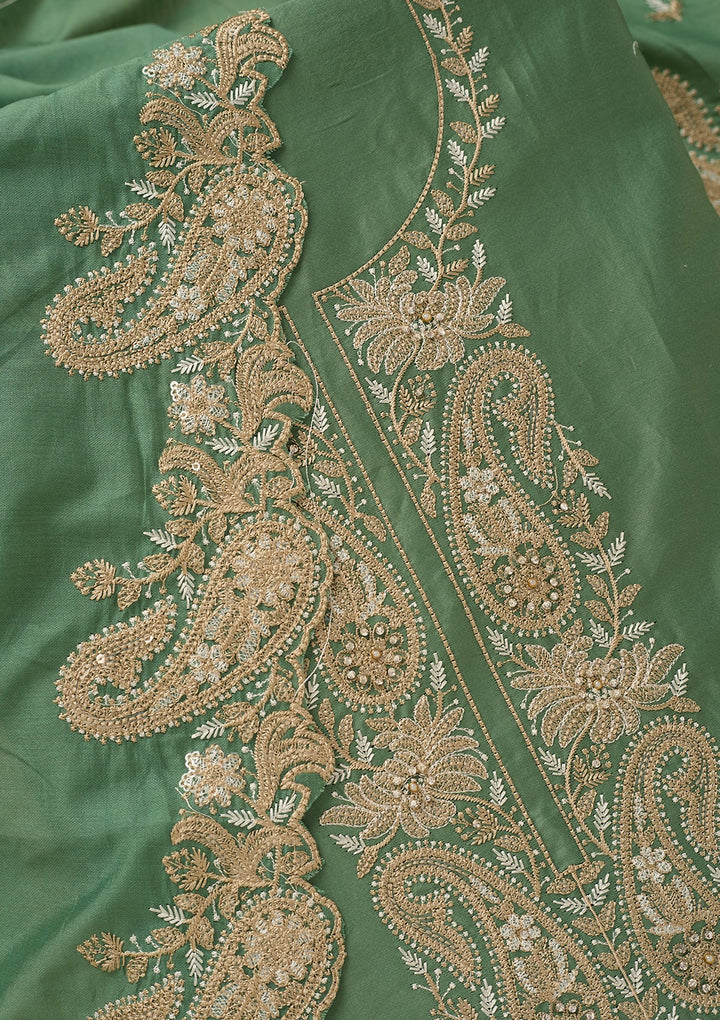 Sea Green Cotton Threadwork Unstitched Dress Material With Matching Bottom And Dupatta