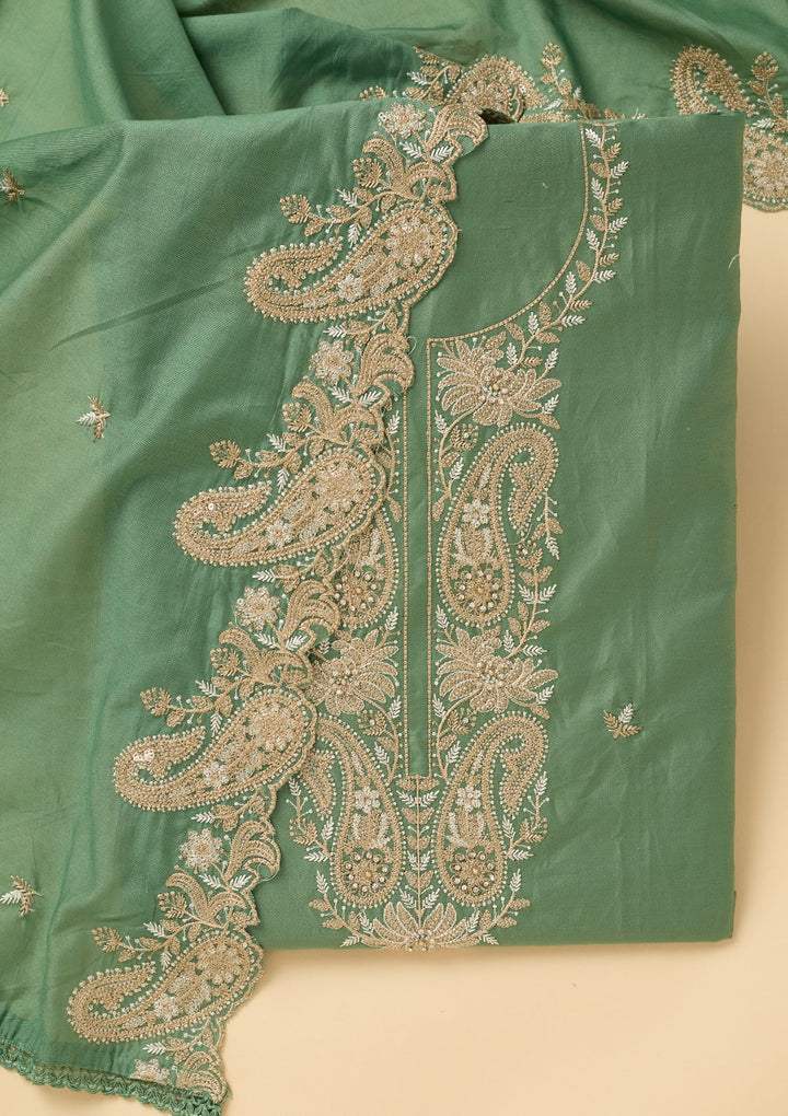 Sea Green Cotton Threadwork Unstitched Dress Material With Matching Bottom And Dupatta