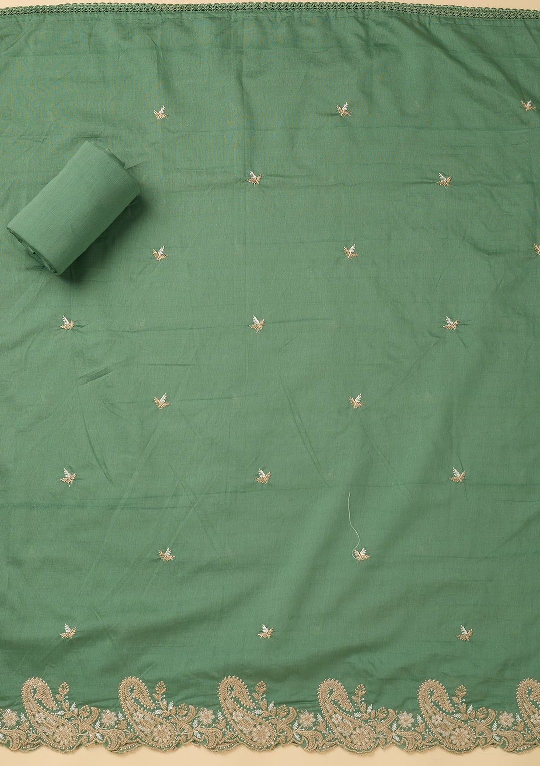 Sea Green Cotton Threadwork Unstitched Dress Material With Matching Bottom And Dupatta