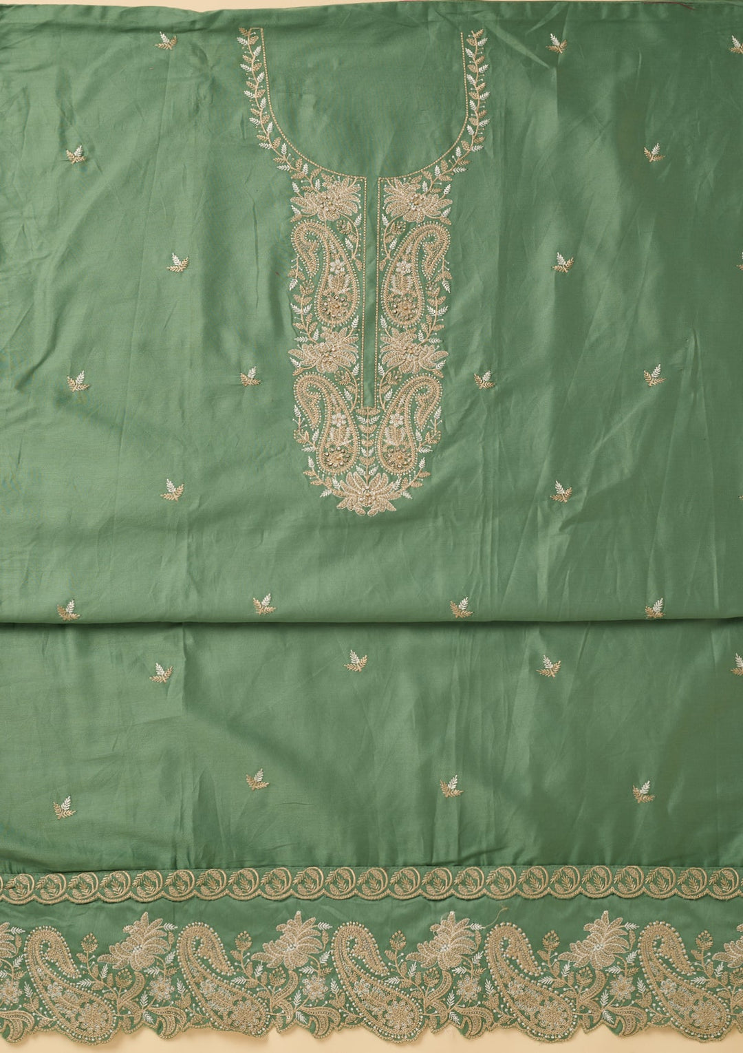 Sea Green Cotton Threadwork Unstitched Dress Material With Matching Bottom And Dupatta