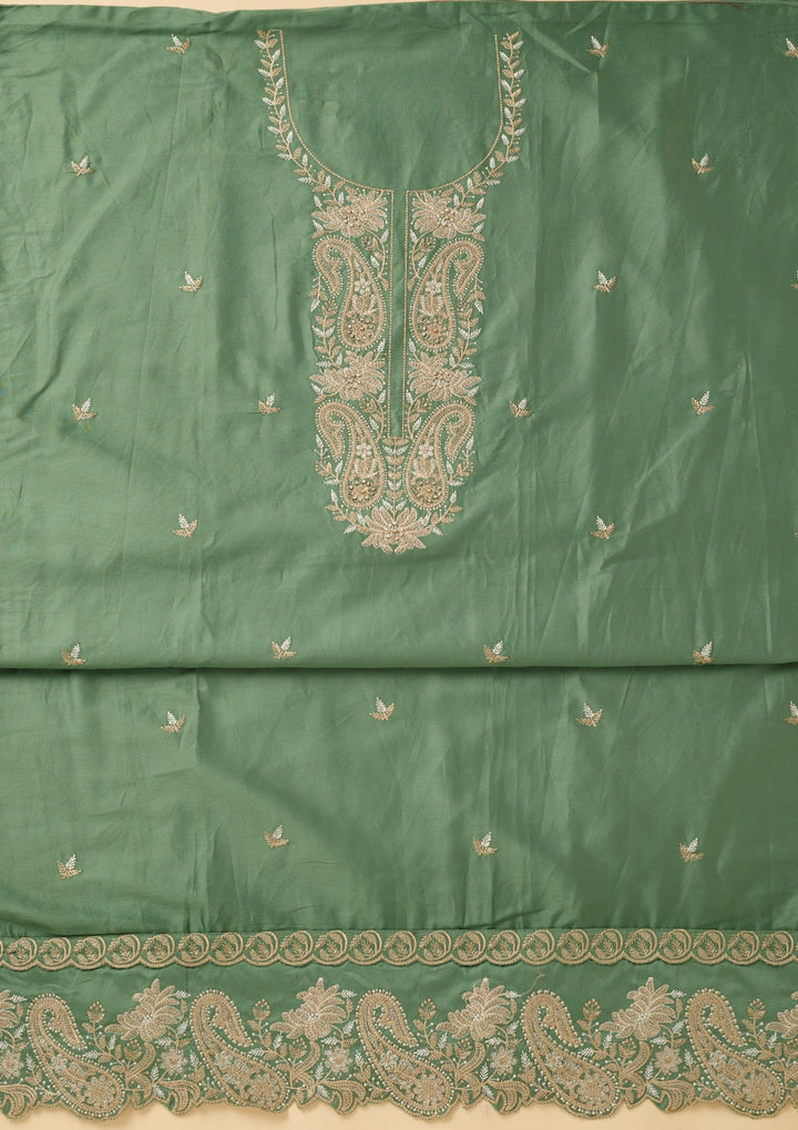 Sea Green Cotton Threadwork Unstitched Dress Material With Matching Bottom And Dupatta