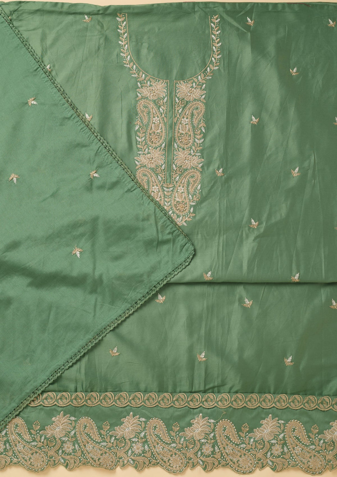Sea Green Cotton Threadwork Unstitched Dress Material With Matching Bottom And Dupatta
