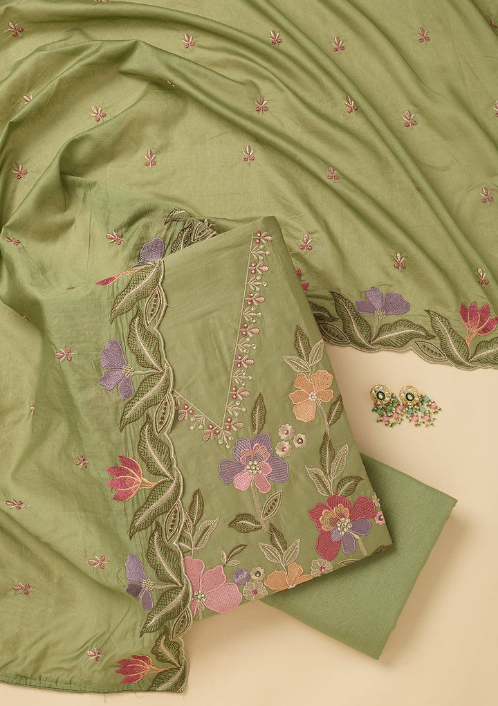 Leaf Green Threadwork Cotton Unstitched Salwar Suit