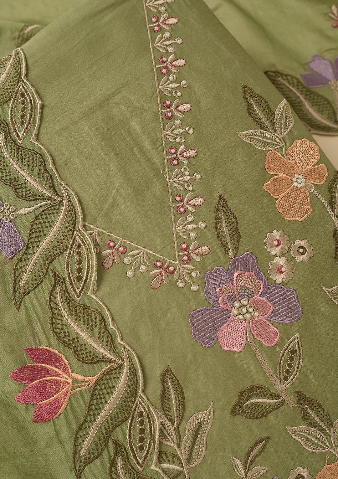 Leaf Green Threadwork Cotton Unstitched Salwar Suit
