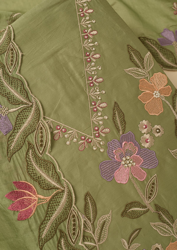 Leaf Green Threadwork Cotton Unstitched Salwar Suit