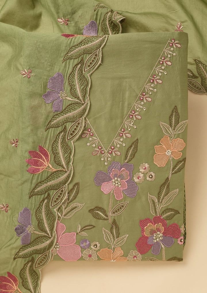 Leaf Green Threadwork Cotton Unstitched Salwar Suit