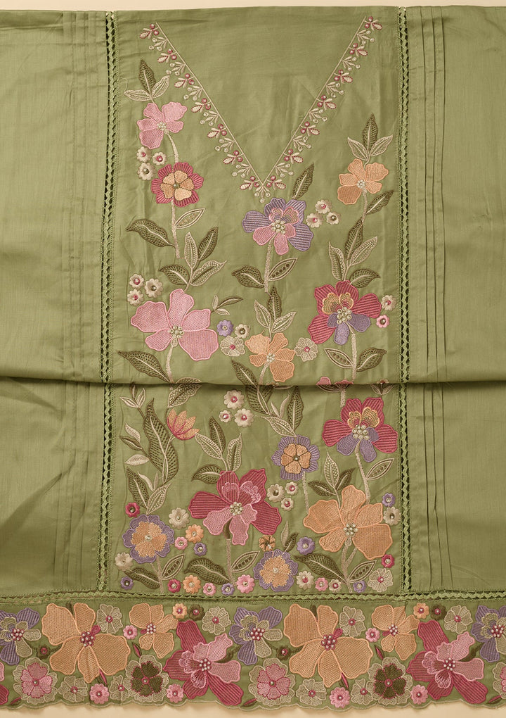 Leaf Green Threadwork Cotton Unstitched Salwar Suit