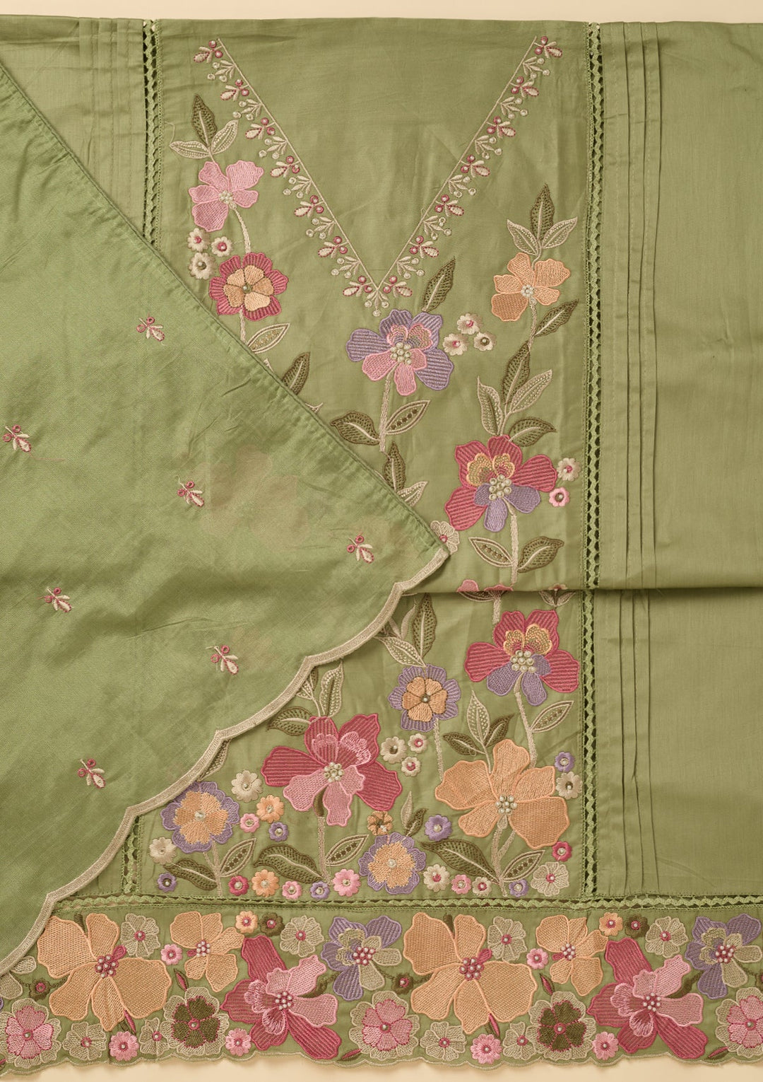 Leaf Green Threadwork Cotton Unstitched Salwar Suit
