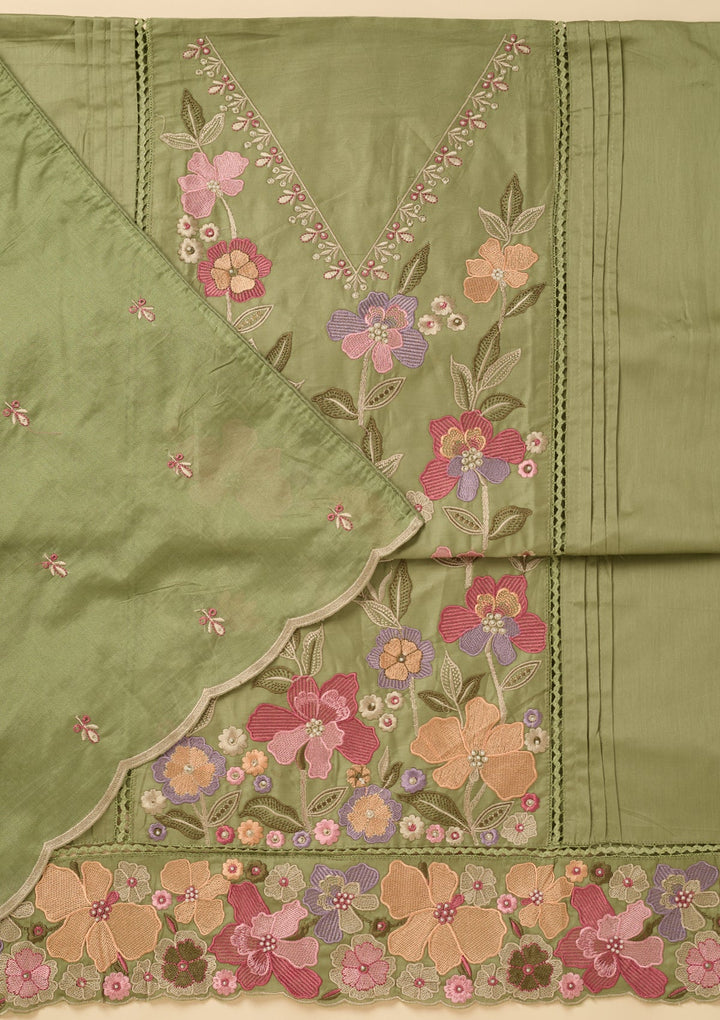 Leaf Green Threadwork Cotton Unstitched Salwar Suit