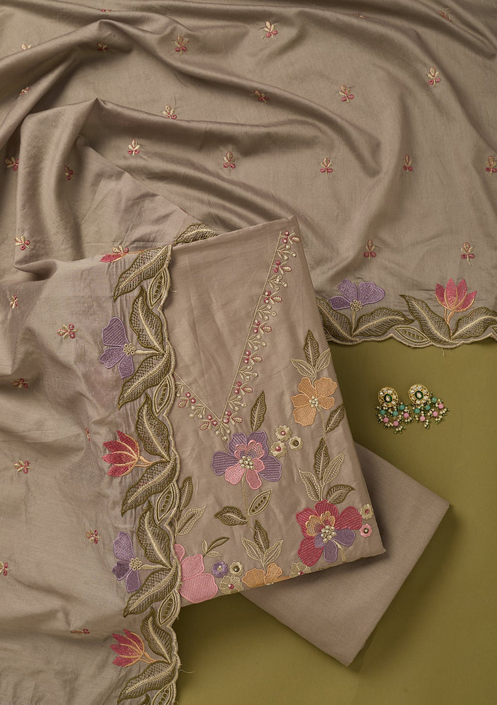 Light Grey Threadwork Cotton Unstitched Salwar Suit