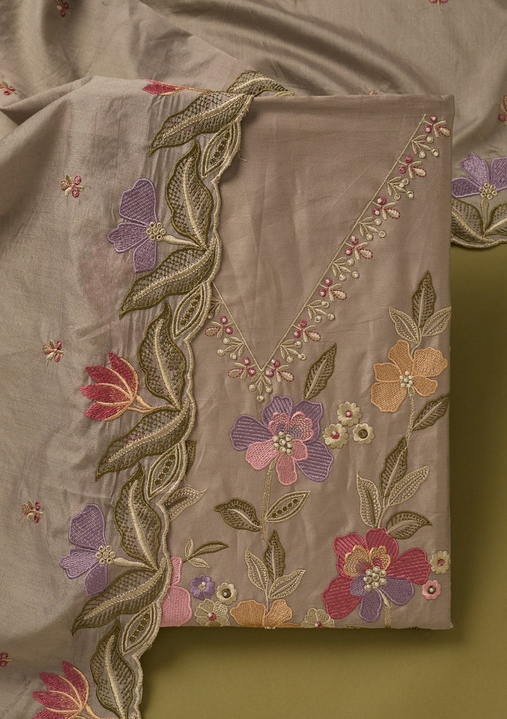 Light Grey Threadwork Cotton Unstitched Salwar Suit