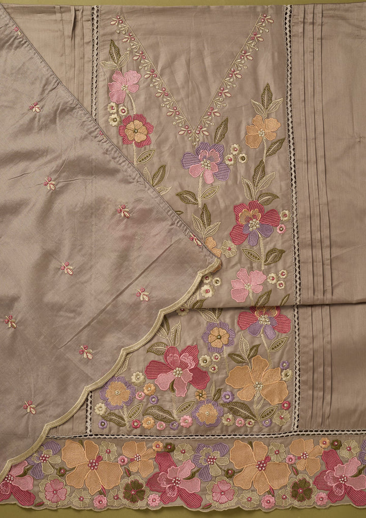Light Grey Threadwork Cotton Unstitched Salwar Suit