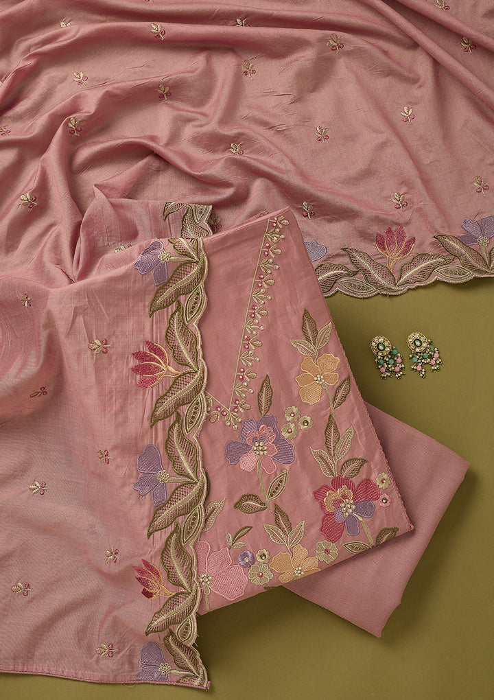 Pink Threadwork Cotton Unstitched Salwar Suit