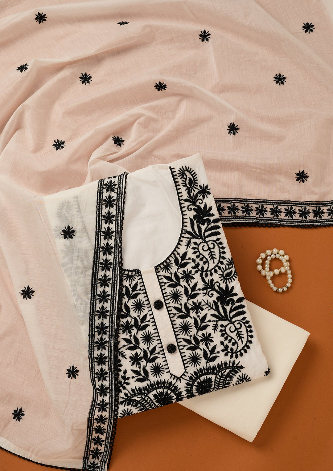 White Threadwork Cotton Unstitched Salwar Suit