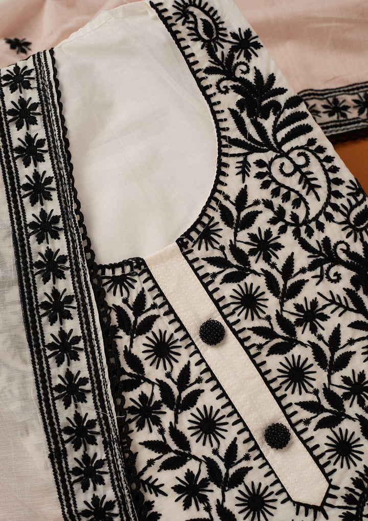 White Threadwork Cotton Unstitched Salwar Suit