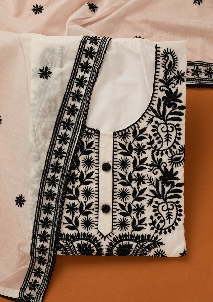 White Threadwork Cotton Unstitched Salwar Suit