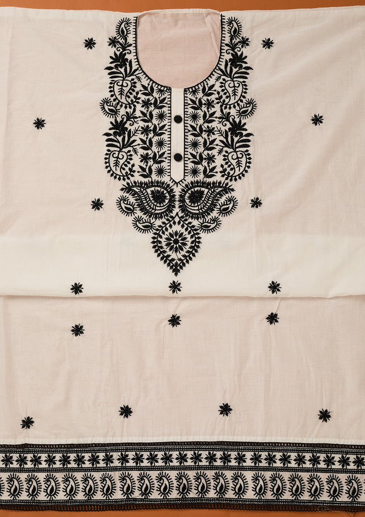 White Threadwork Cotton Unstitched Salwar Suit