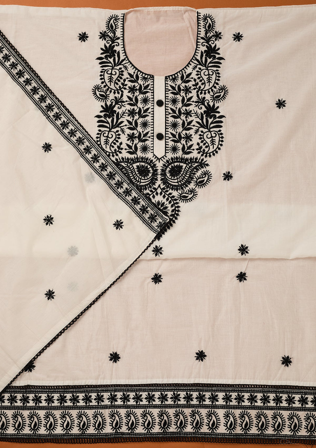 White Threadwork Cotton Unstitched Salwar Suit