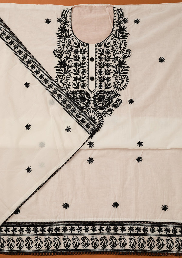 White Threadwork Cotton Unstitched Salwar Suit