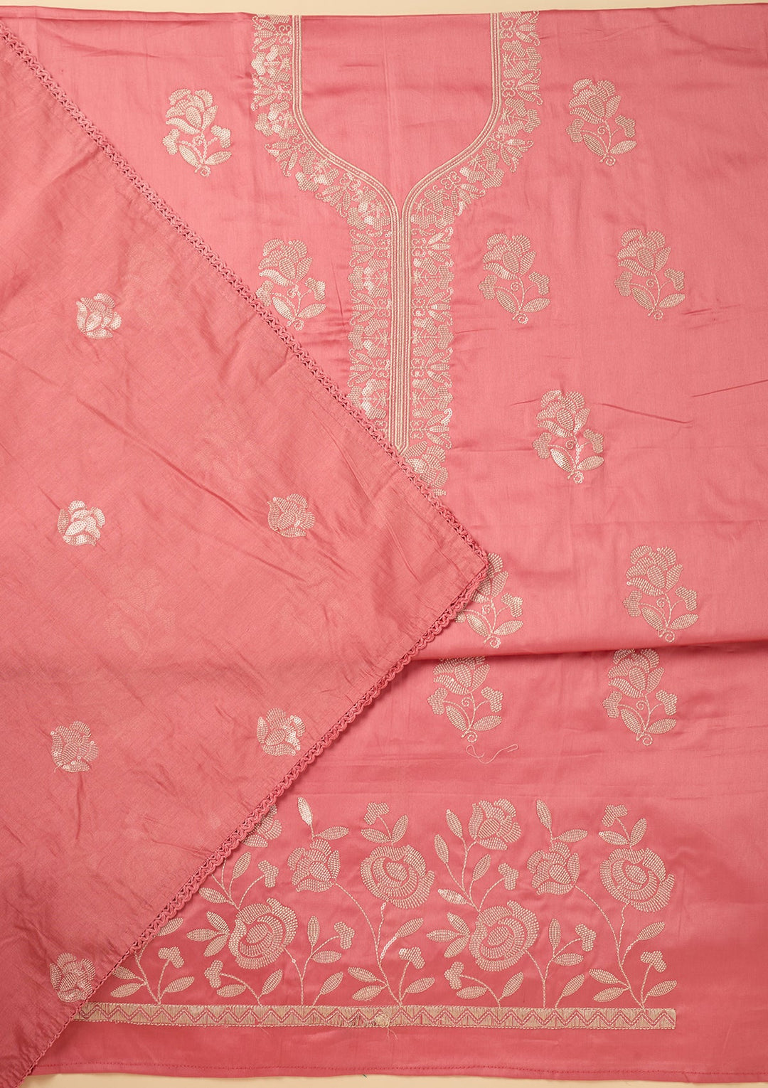 Gajari Pink Sequins Cotton Unstitched Salwar Suit