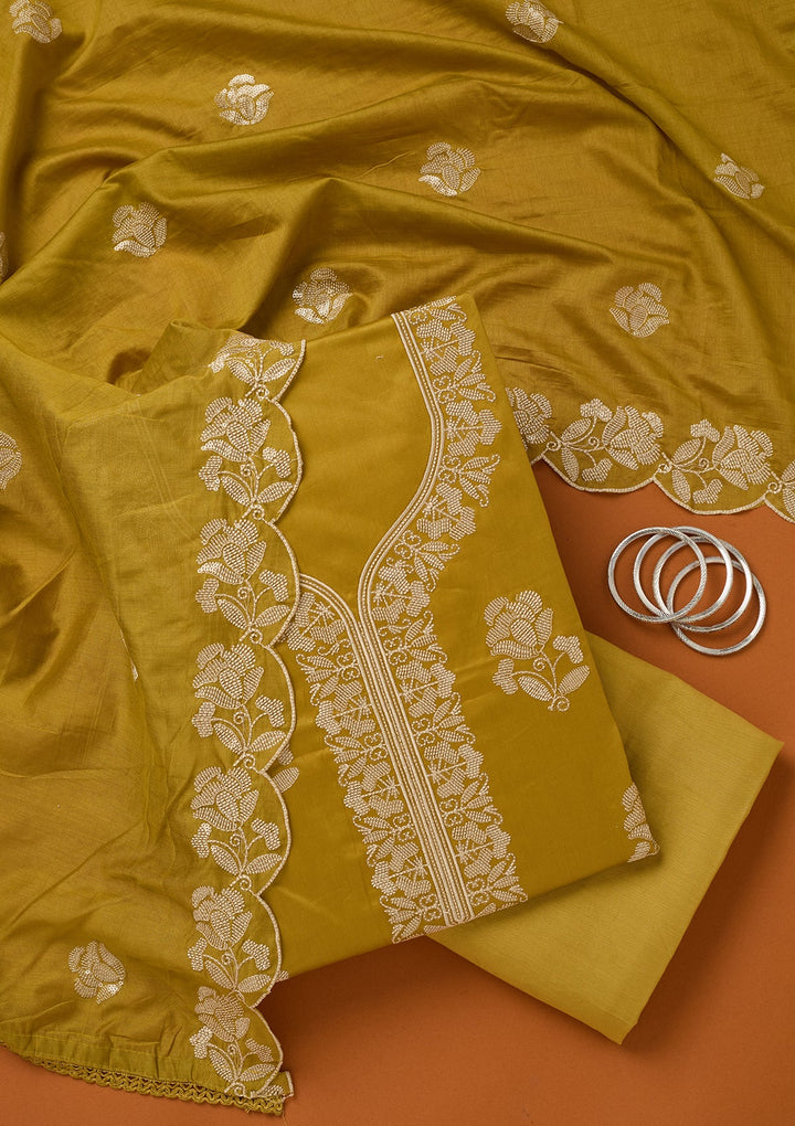 Mehendi Green Threadwork Cotton Unstitched Salwar Suit