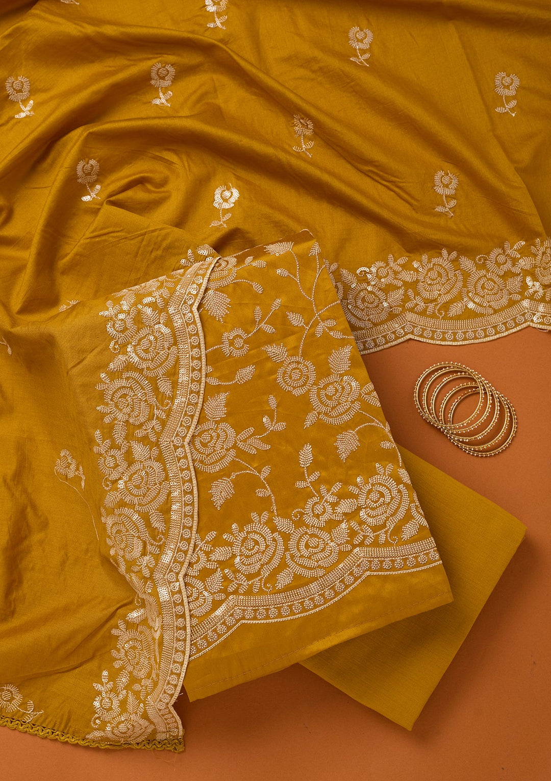 Mustard Yellow Sequins Cotton Unstitched Salwar Suit