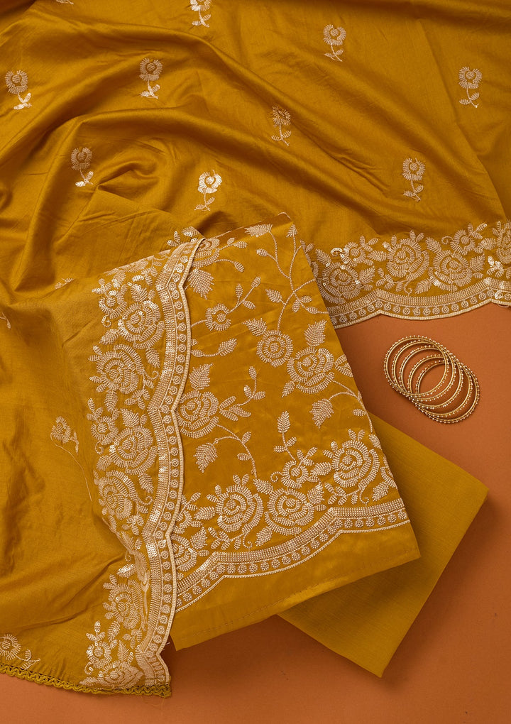 Mustard Yellow Sequins Cotton Unstitched Salwar Suit