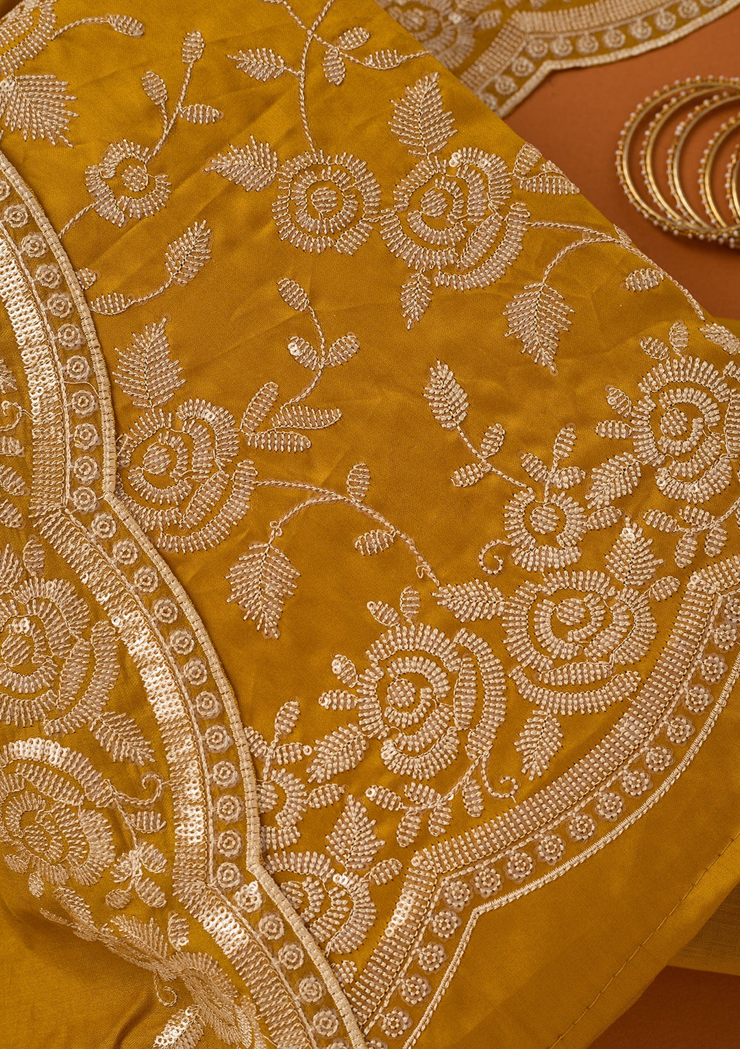 Mustard Yellow Sequins Cotton Unstitched Salwar Suit