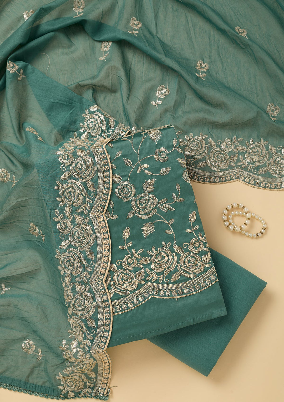 Sea Green Sequins Cotton Unstitched Salwar Suit
