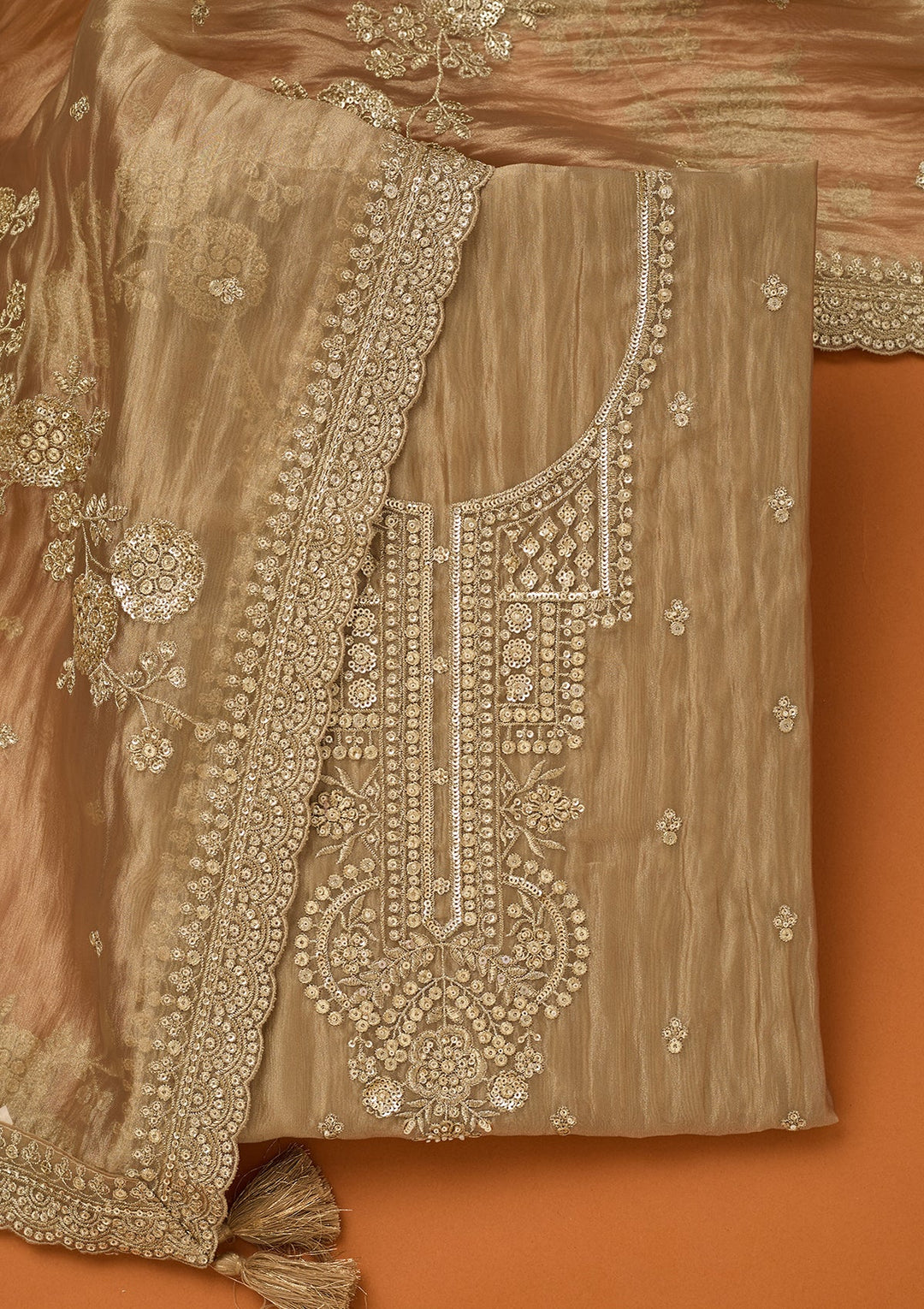 Beige Tissue Sequins Unstitched Dress Material With Matching Bottom And Dupatta