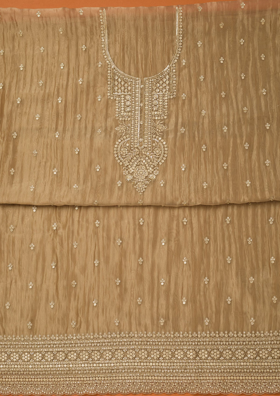 Beige Tissue Sequins Unstitched Dress Material With Matching Bottom And Dupatta