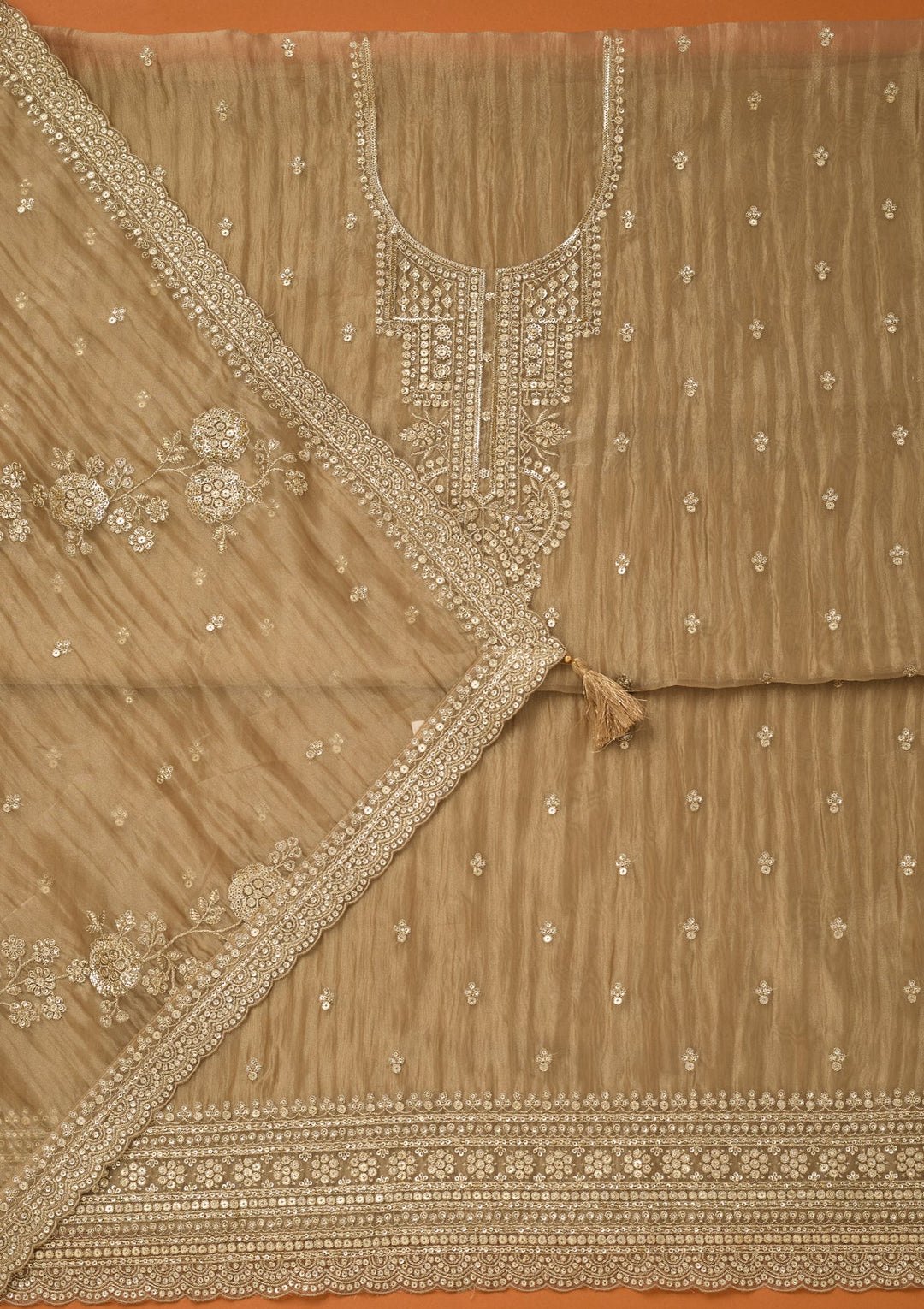 Beige Tissue Sequins Unstitched Dress Material With Matching Bottom And Dupatta