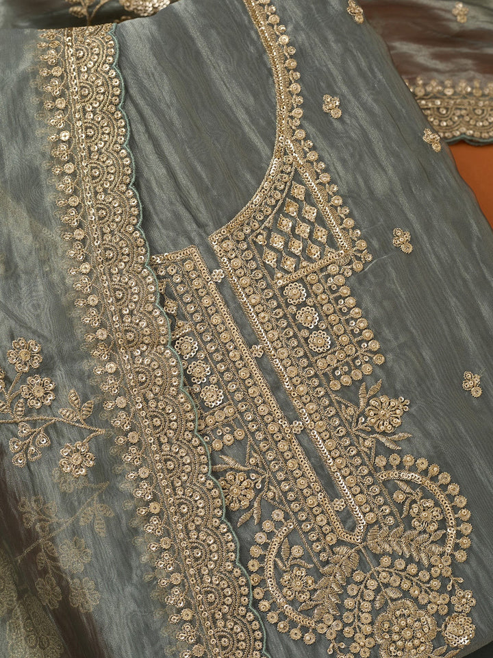 Dark Grey Tissue Sequins Unstitched Dress Material With Matching Bottom And Dupatta