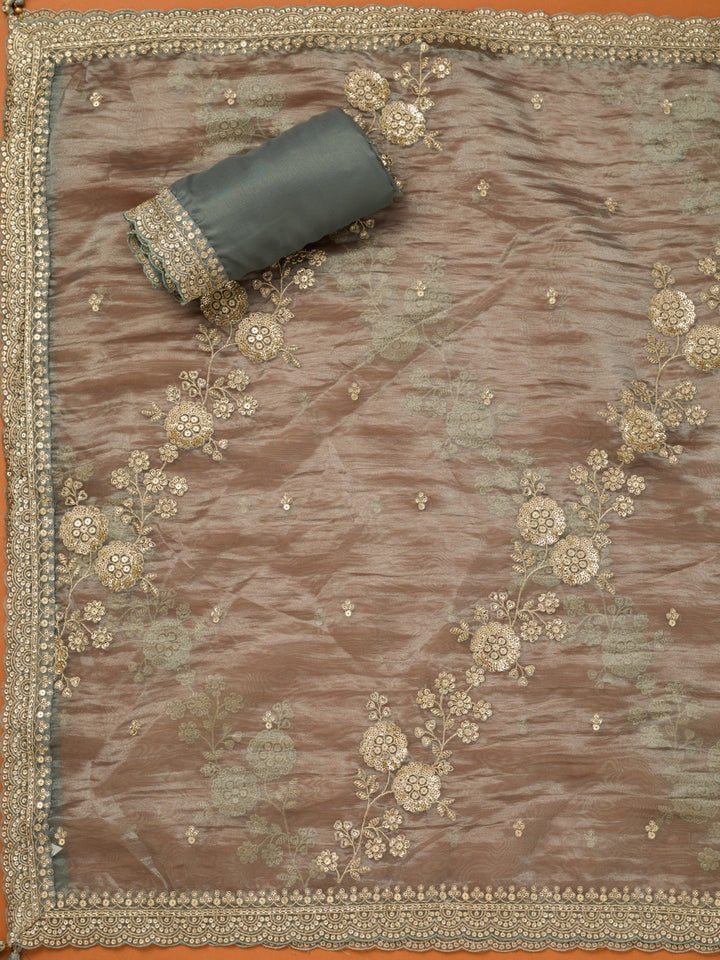 Dark Grey Tissue Sequins Unstitched Dress Material With Matching Bottom And Dupatta