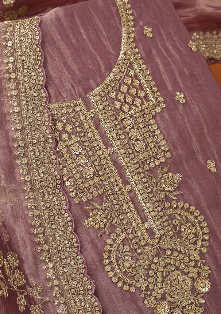 Lavender Tissue Sequins Unstitched Dress Material With Matching Bottom And Dupatta