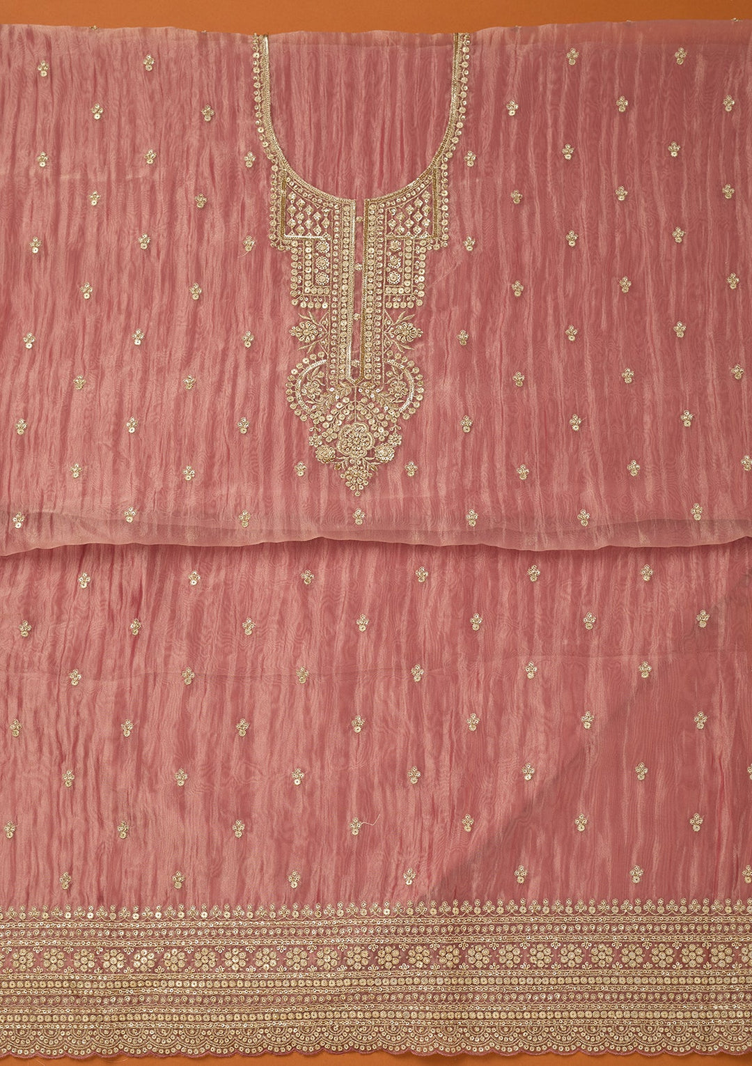 Onion Pink Tissue Sequins Unstitched Dress Material With Matching Bottom And Dupatta