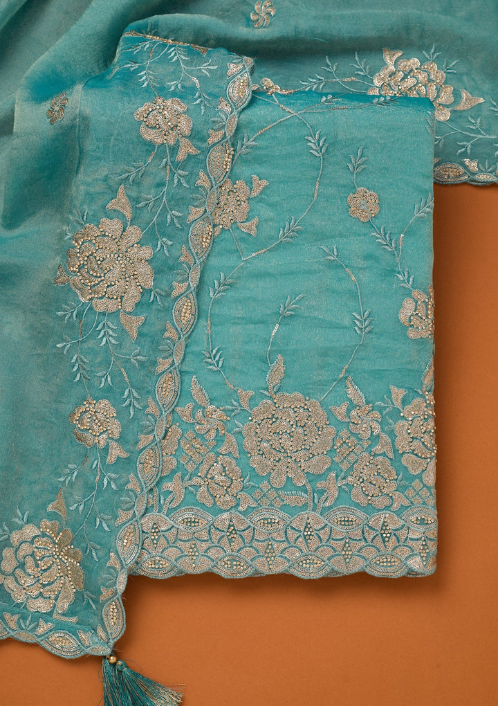 Blue Organza Gold Zariwork Unstitched Dress Material With Matching Bottom And Dupatta