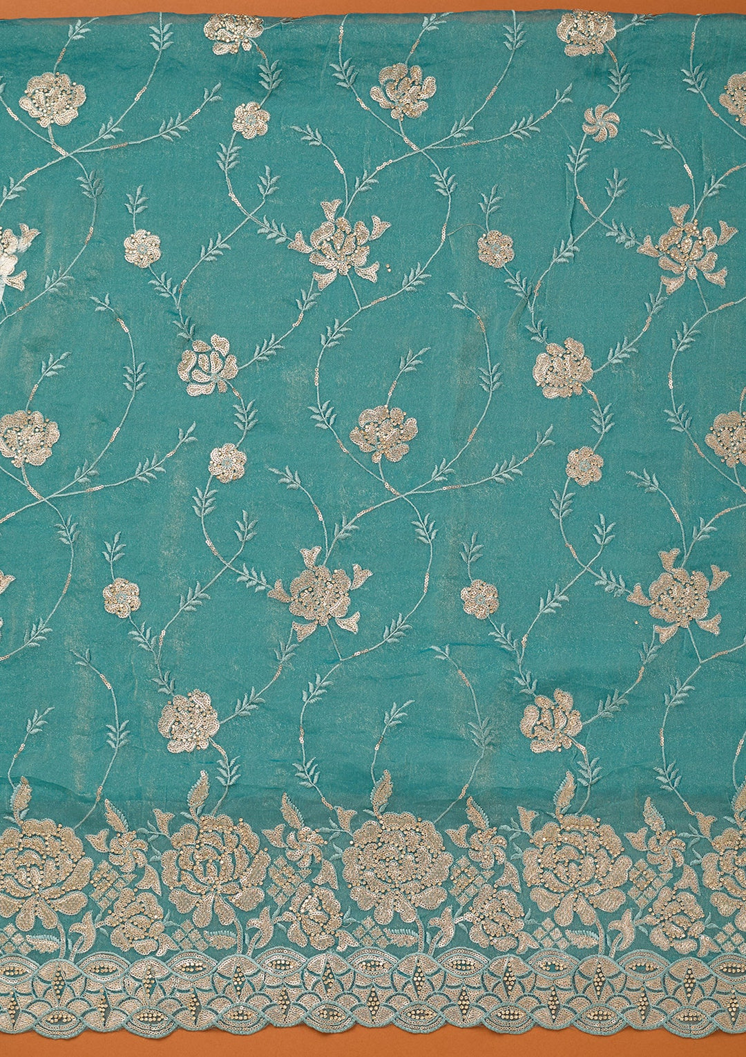 Blue Organza Gold Zariwork Unstitched Dress Material With Matching Bottom And Dupatta