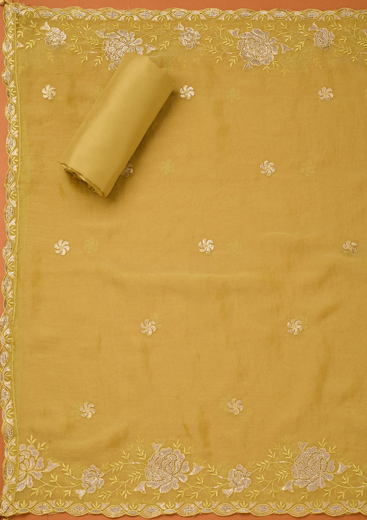 Lemon Yellow Organza Gold Zariwork Unstitched Dress Material With Matching Bottom And Dupatta