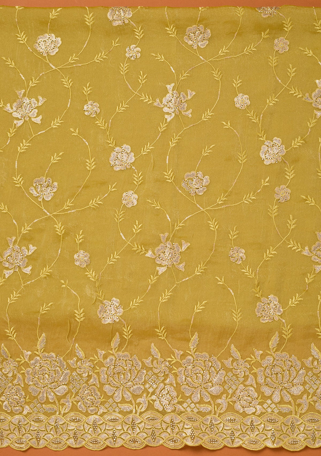 Lemon Yellow Organza Gold Zariwork Unstitched Dress Material With Matching Bottom And Dupatta