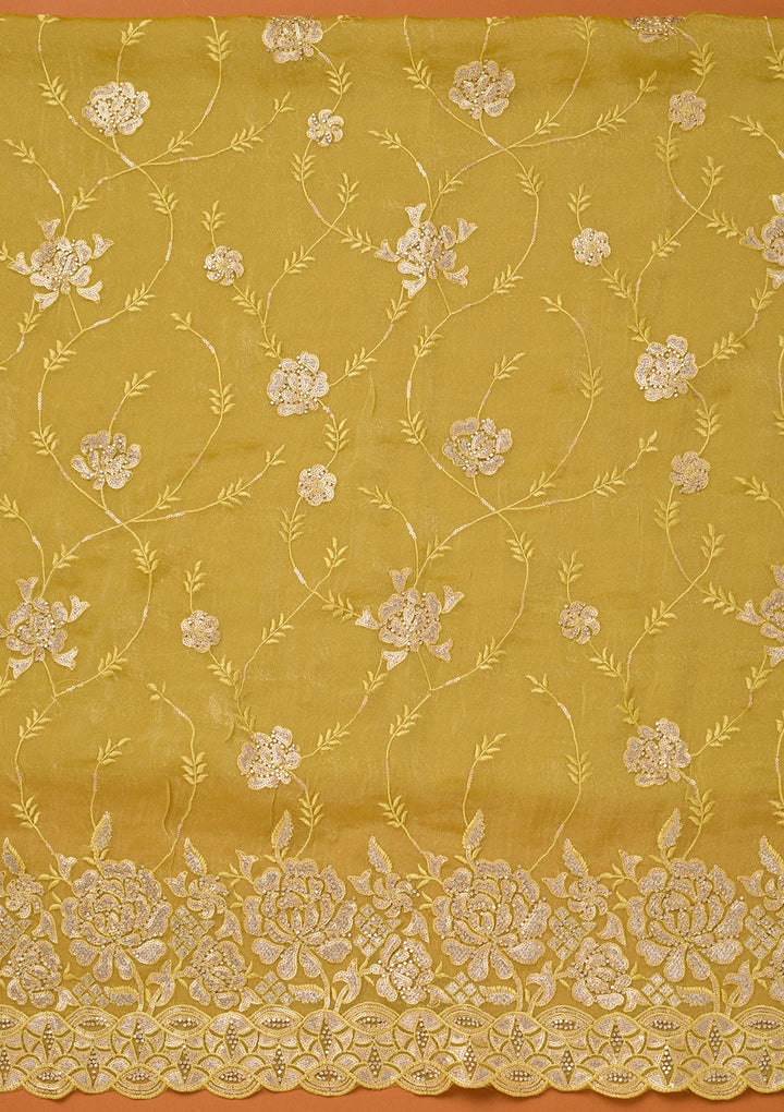Lemon Yellow Organza Gold Zariwork Unstitched Dress Material With Matching Bottom And Dupatta