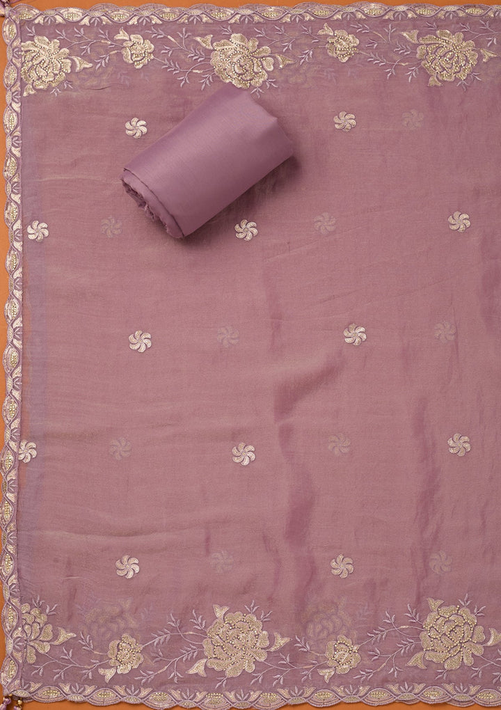 Light Lavender Organza Gold Zariwork Unstitched Dress Material With Matching Bottom And Dupatta