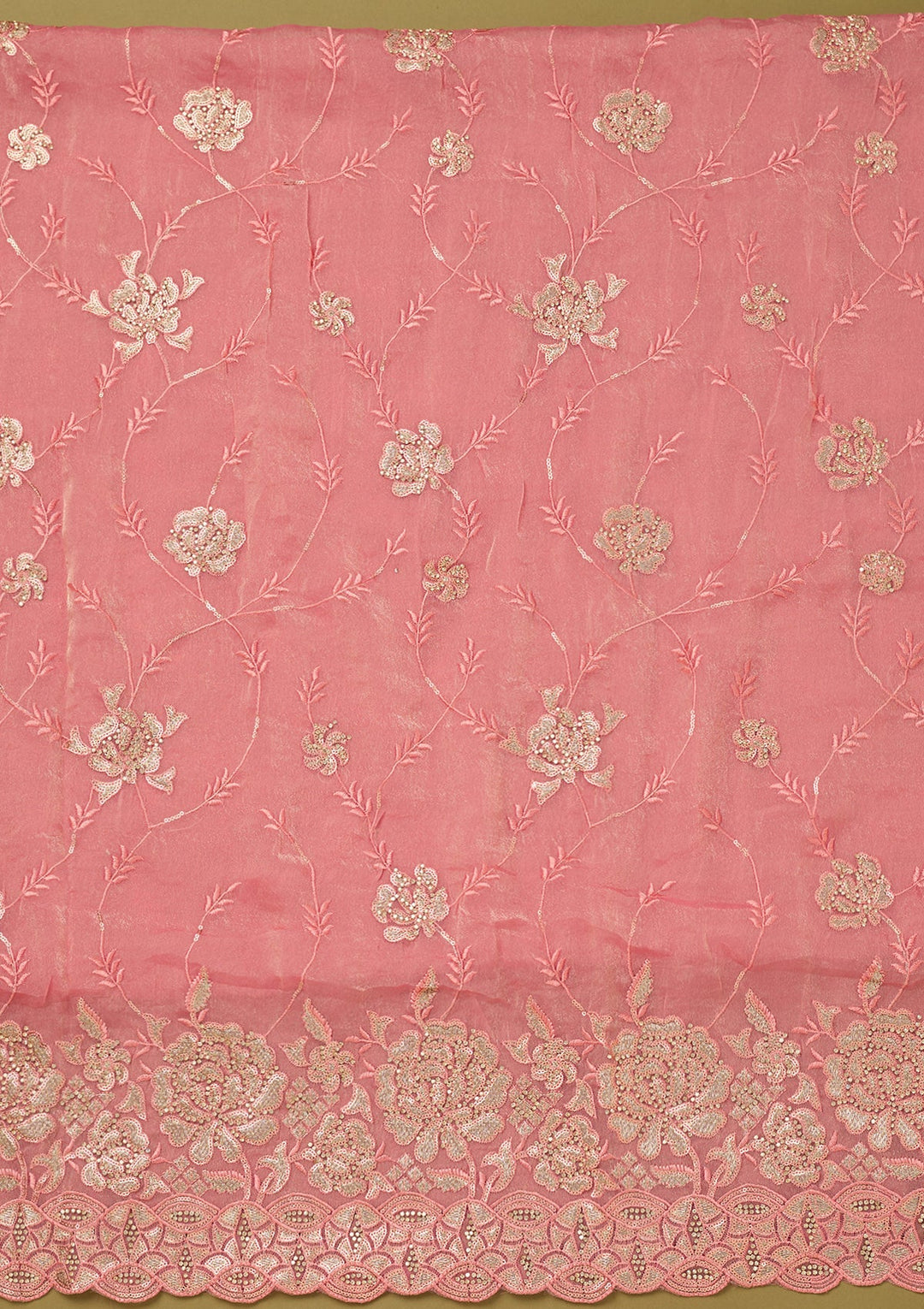 Pink Organza Gold Zariwork Unstitched Dress Material With Matching Bottom And Dupatta