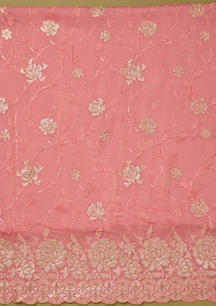 Pink Organza Gold Zariwork Unstitched Dress Material With Matching Bottom And Dupatta